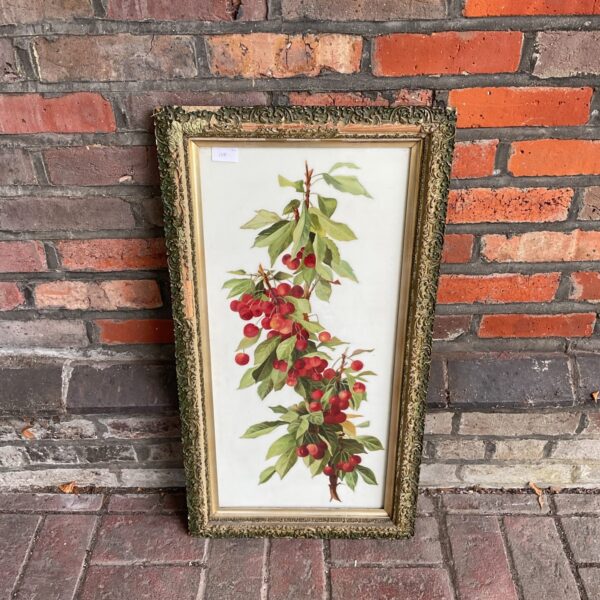 19th century oil painting on opaque glass study of cherries on a bough