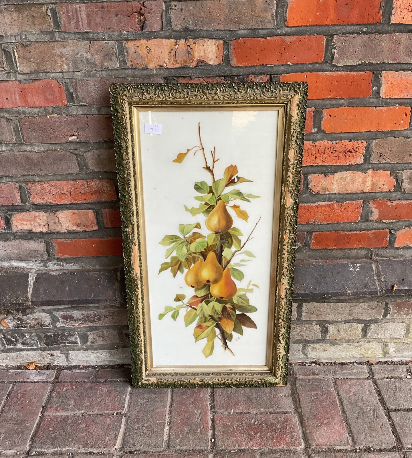19th century oil paintng on opaque glass study of pears