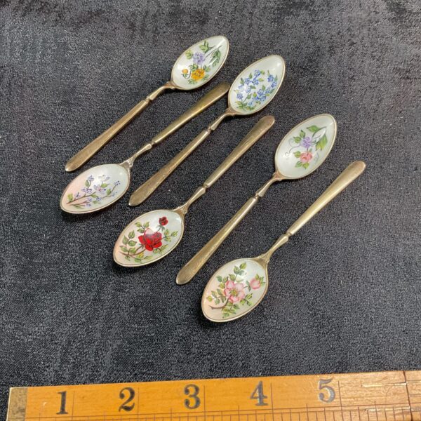 Group of six antique silver enamelled teaspoons with floral designs.