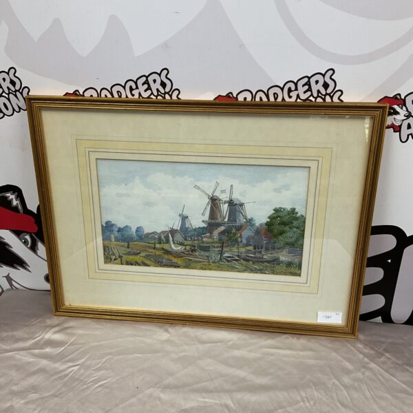 Antique watercolour painting of a Dutch boat yard with windmills by W C Edwards.