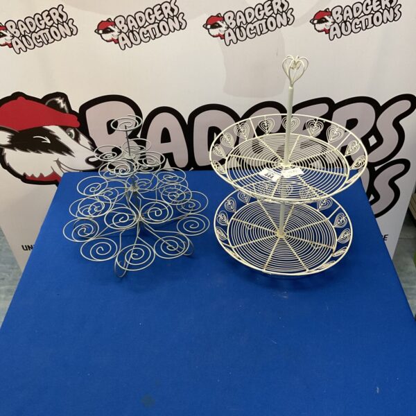 Two tiered wire cupcake stands for dessert display.