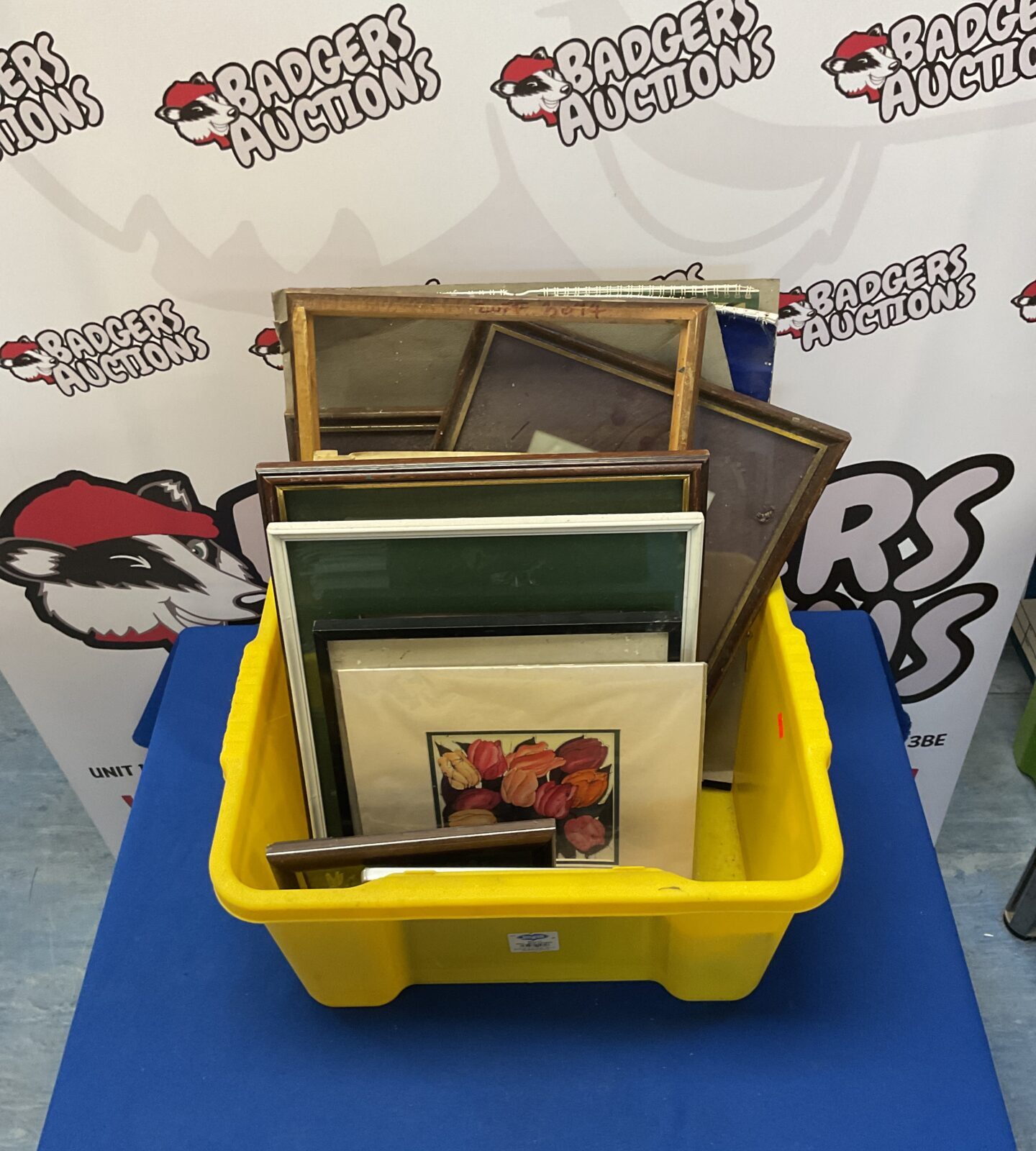 Box of mixed framed prints and art