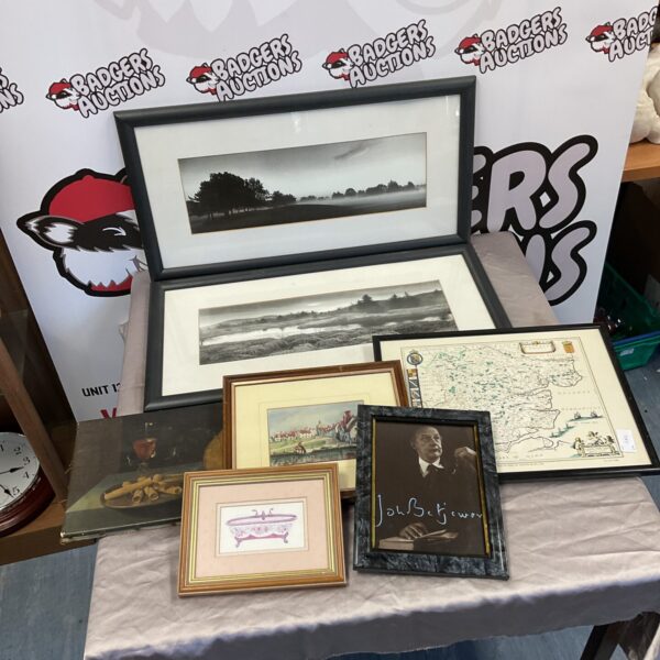 Collection of framed prints including antique map of Essex.