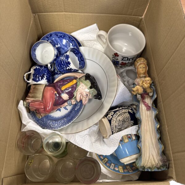 Mixed lot of vintage china and glassware with porcelain figurine.