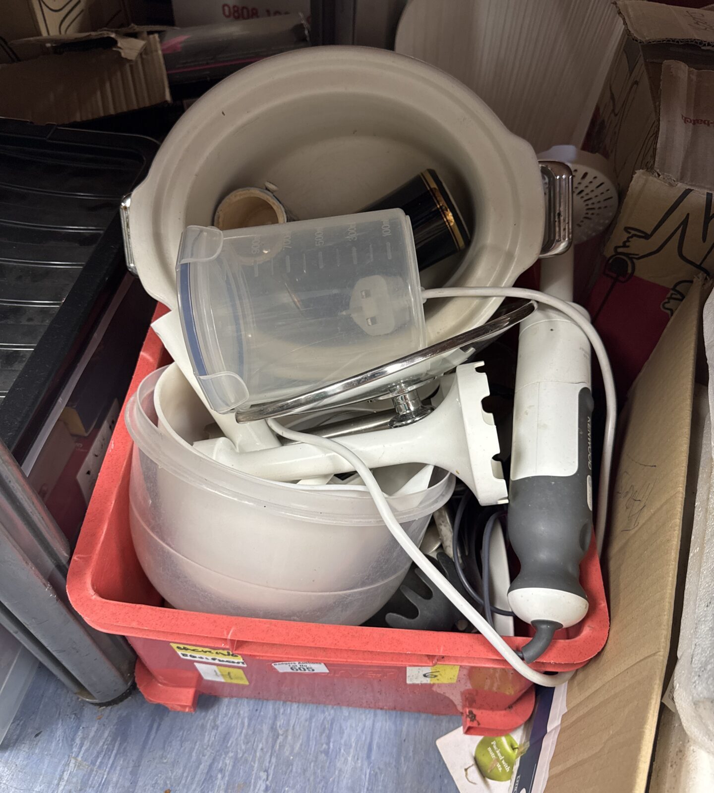 Box of kitchen items inc kenwood food mixer