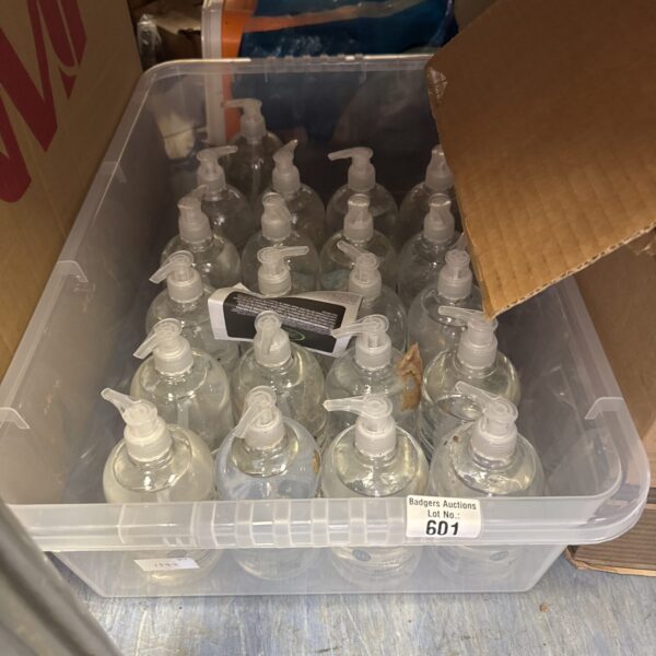 Quantity of hand sanitiser gel in clear bottles.