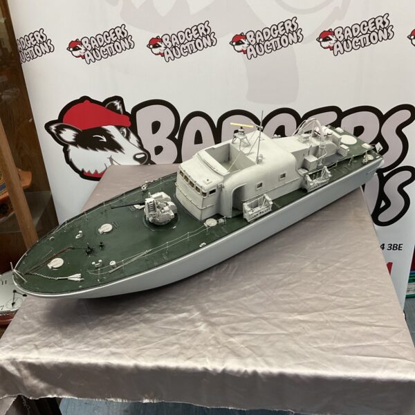 Detailed front view of a remote control German patrol boat model.
