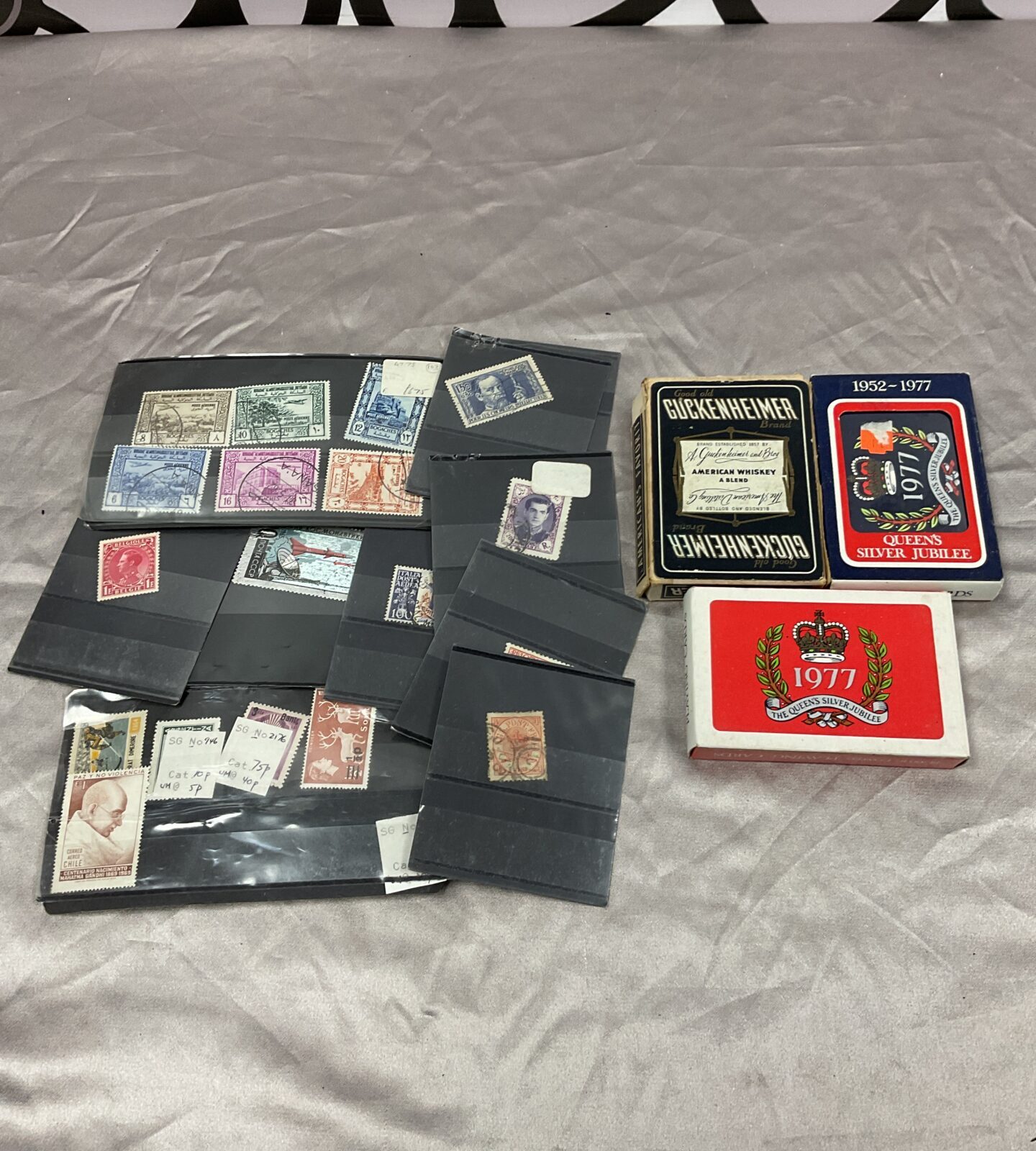 Selection of stamps & three packs of vintage playing cards