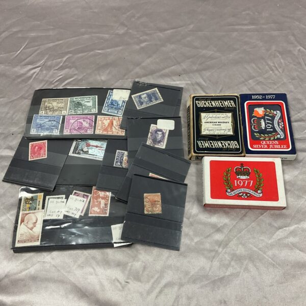 Selection of stamps & three packs of vintage playing cards