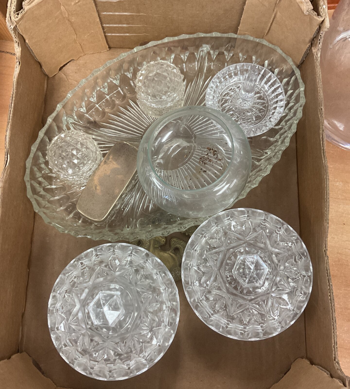 Glass dressing table set with silver lid pot