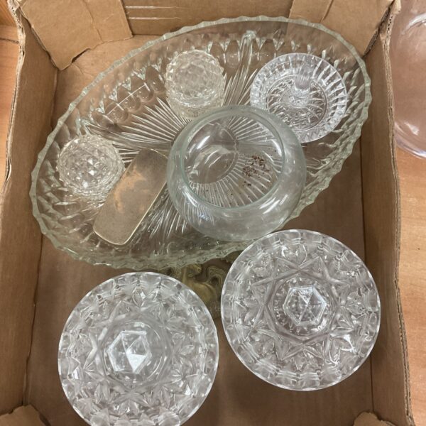 Glass dressing table set with silver lid pot