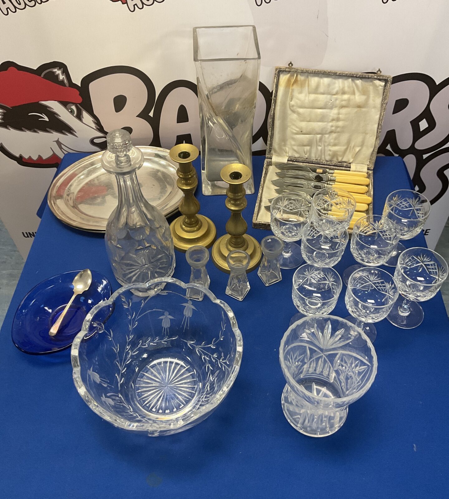 Crate mixed cut glass and crystal brass candle sticks ect