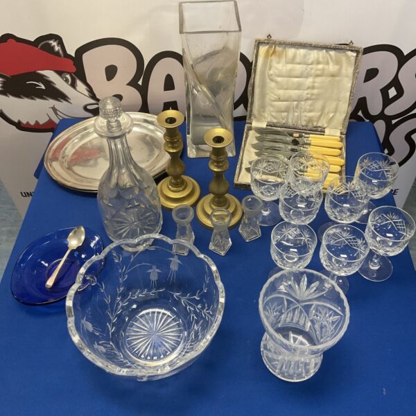 Crate mixed cut glass and crystal brass candle sticks ect