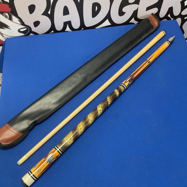 Custom made Snooker cue featuring snakeskin and abalone and mother of pearl inlay