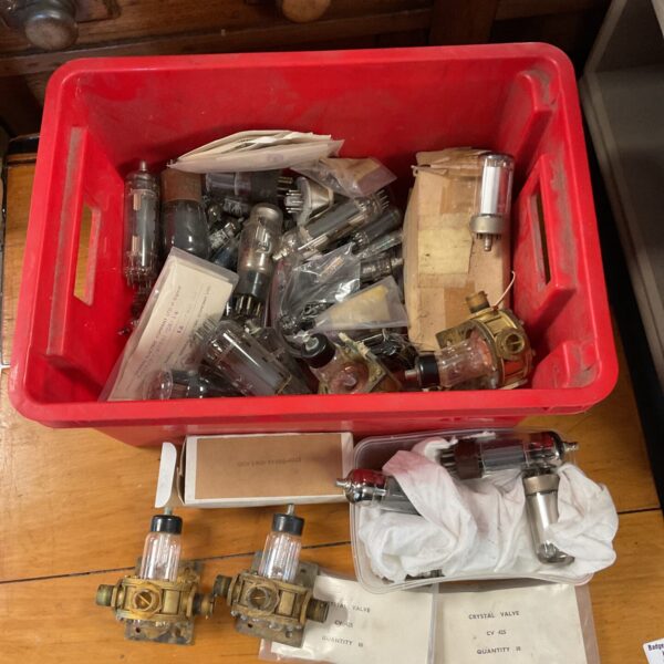 Tray of vintage radio valves and electronic tubes for collectors.