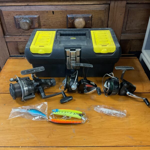 Three fishing reels & selection of lures including daiwa & intrepid