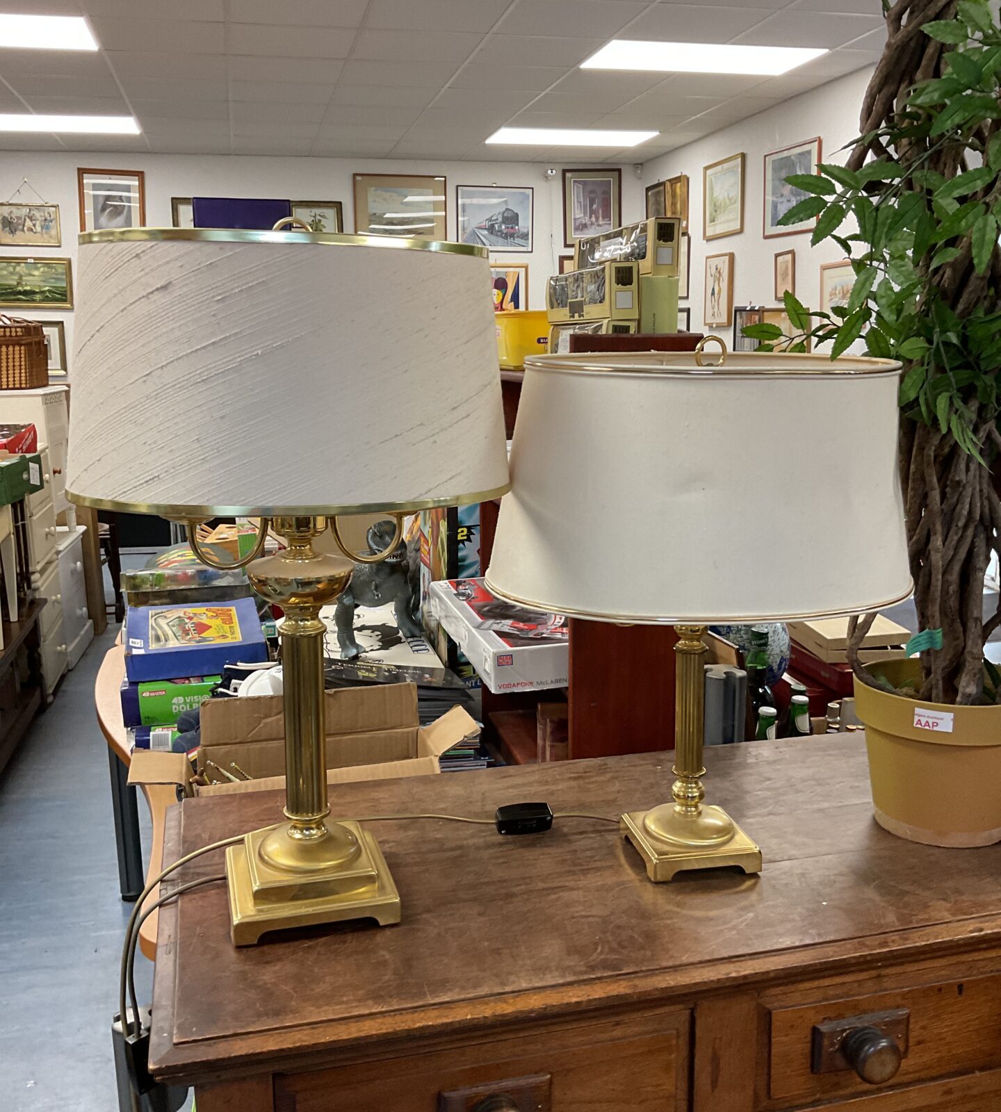 Pair of brass column double bulb table lamps