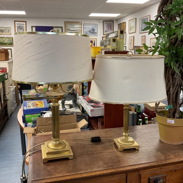 Pair of brass column double bulb table lamps