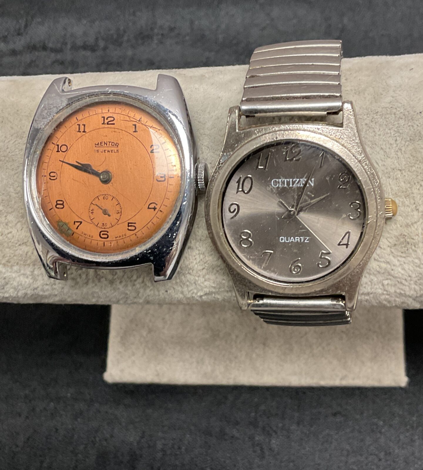Two vintage wristwatches citizen quartz and mechanical mentor watch working