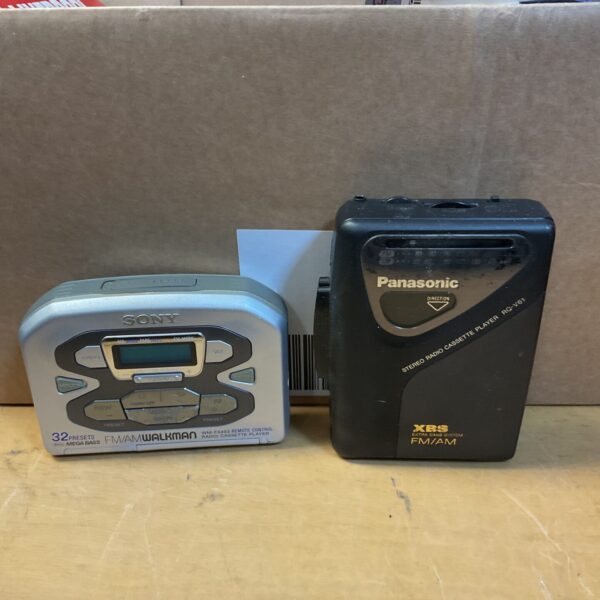 Vintage Sony and Panasonic Walkman cassette players, retro audio equipment.