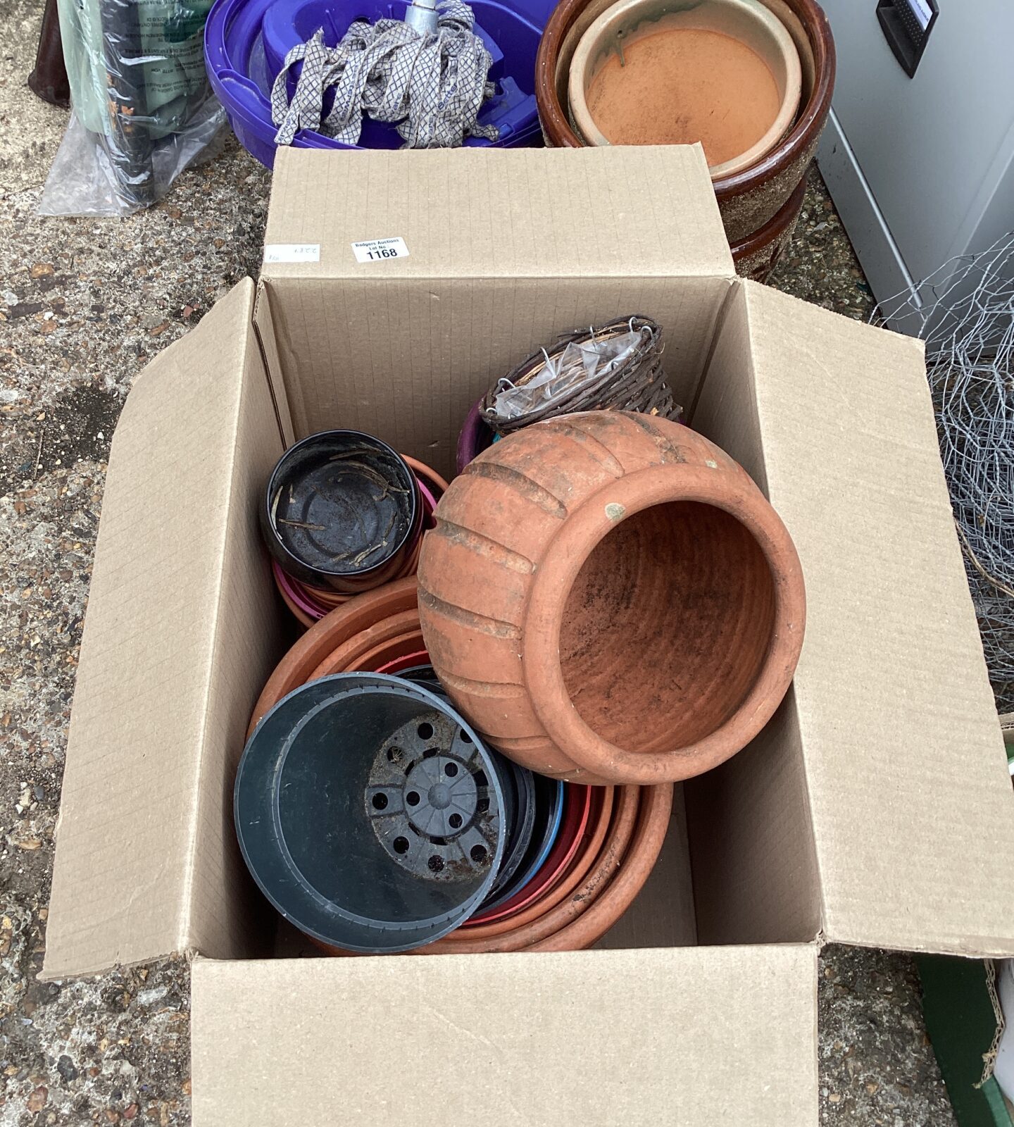 Box of garden pots etc