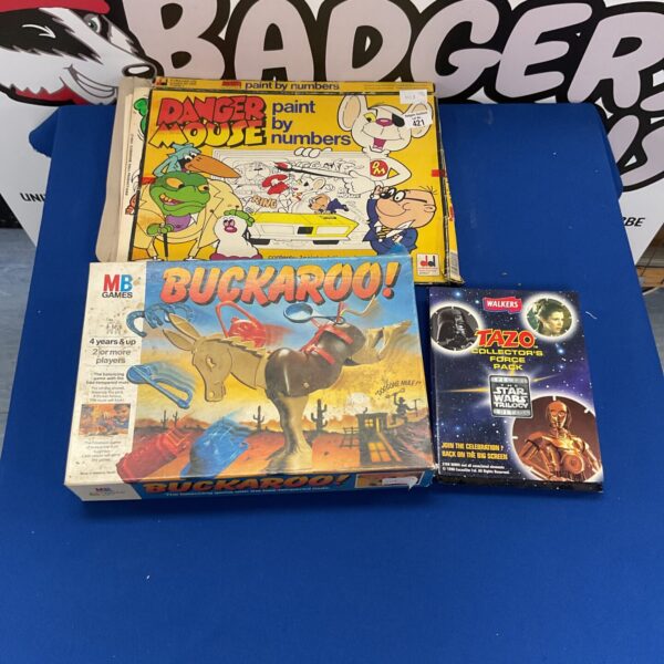 Vintage board games lot including MB Games and Star Wars Tazo.
