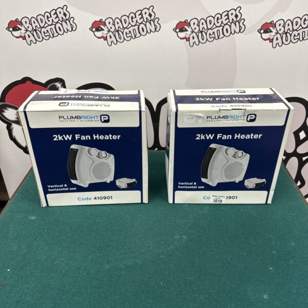 Two Plumbright 2kw fan heaters presented for auction.