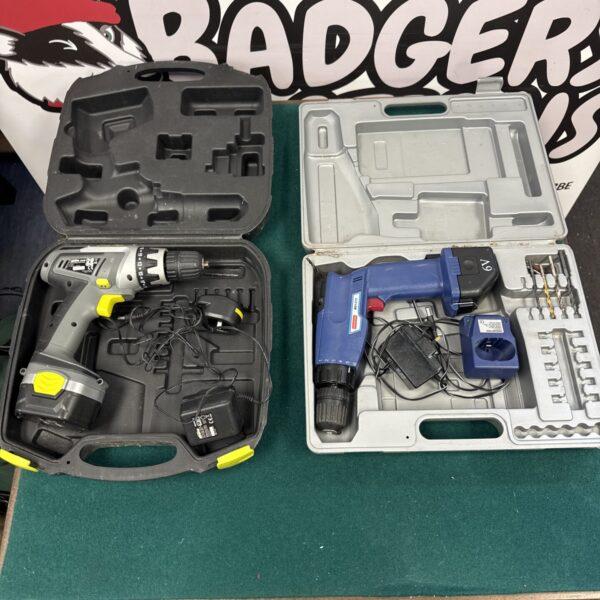 Two cordless drill sets in carry cases, untested power tools.