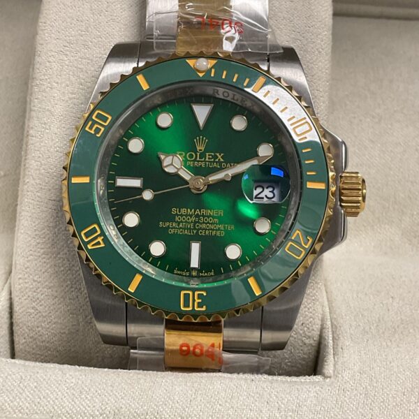 Front view of a stainless steel Rolex Submariner reproduction watch.