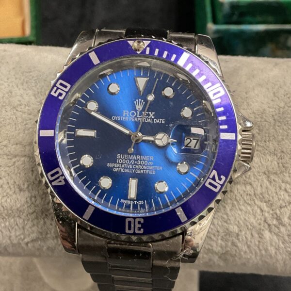 Blue dial designer wristwatch, front view.