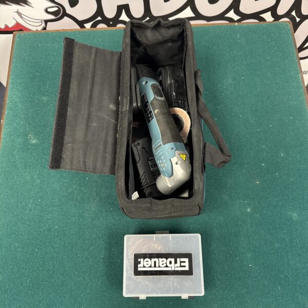 Used Erbauer cordless angle grinder with battery and charger.