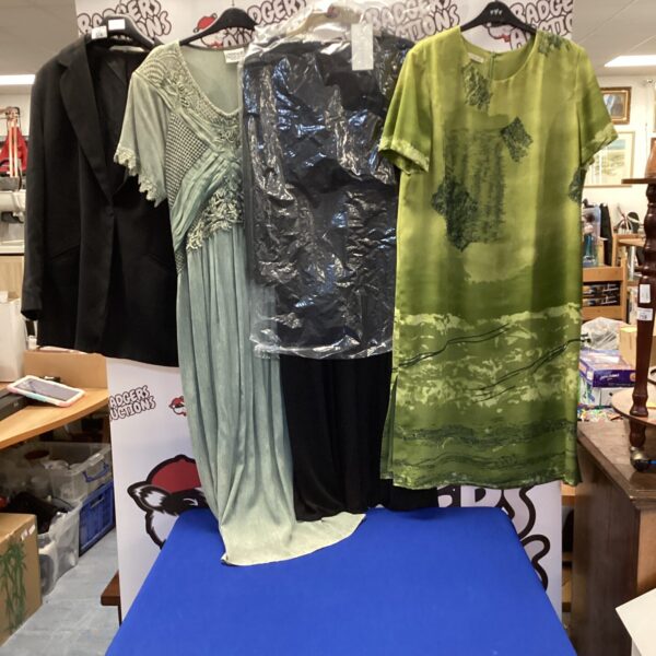 Ladies dresses bundle including floral and silver dresses.