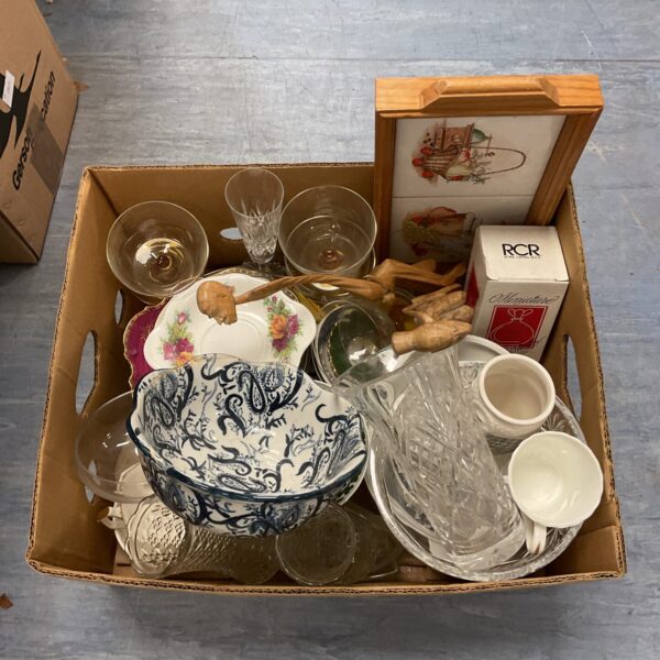 Mixed lot of vintage ceramics and glassware with floral bowl.