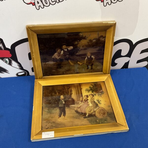 Vintage framed prints of children playing, antique wall decor.