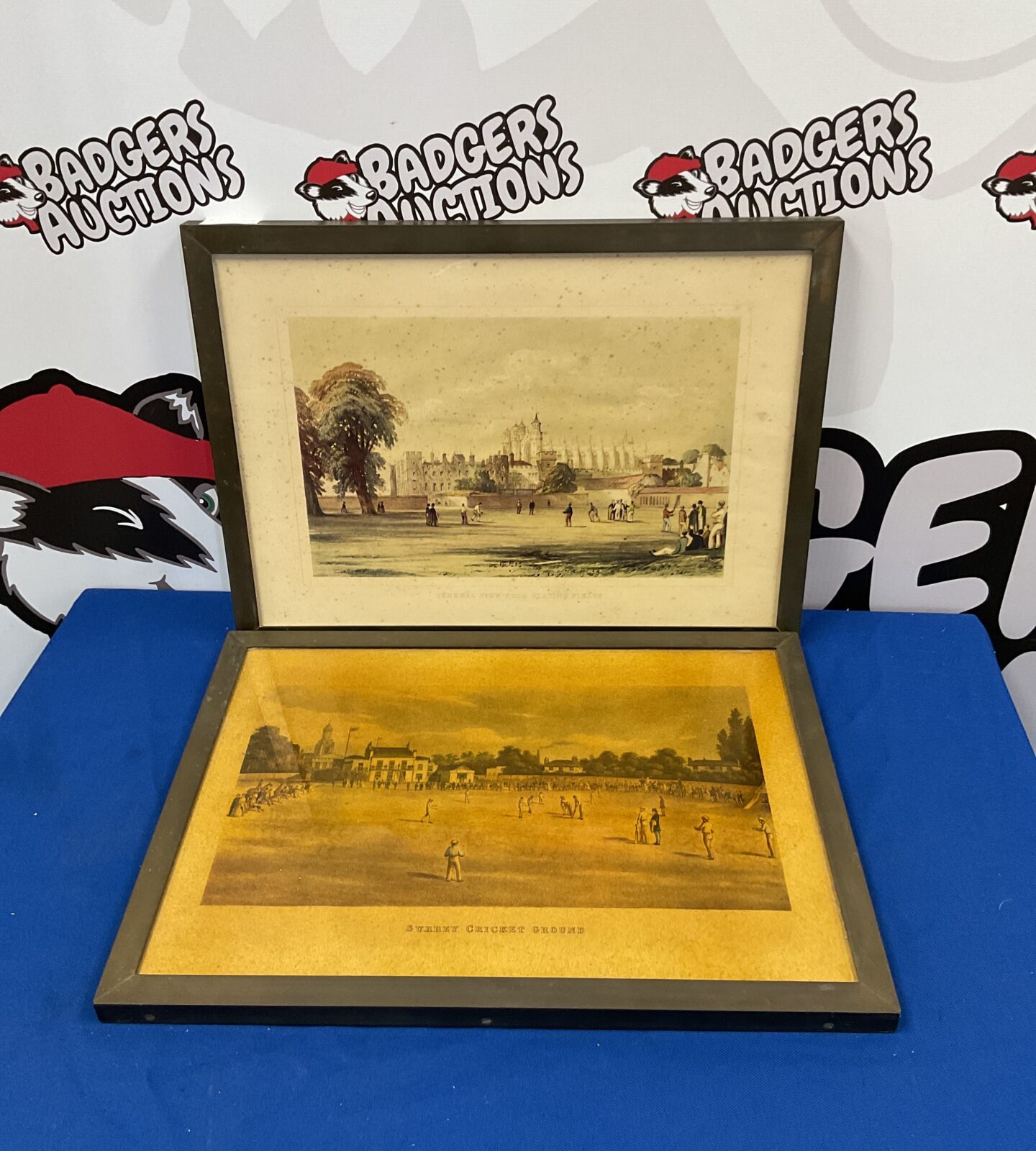 Pair of bronze framed prints including Surrey cricket ground