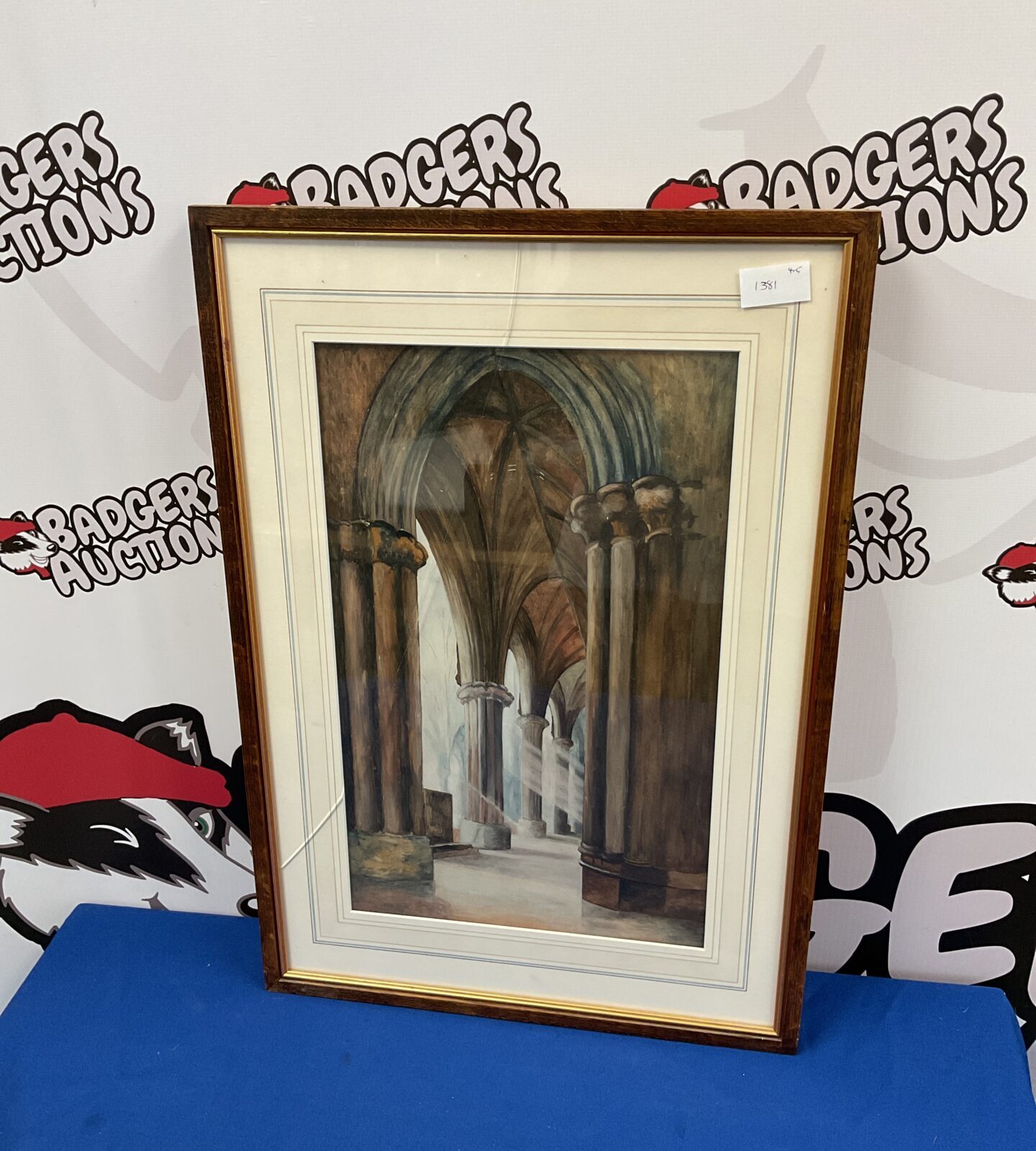 Framed 20th century oil painting of a cathederal interior