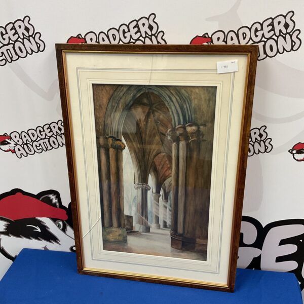 Framed 20th century oil painting of a cathederal interior
