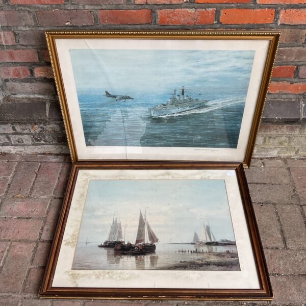 Two large gilt framed nautical prints including signed hms invincible by roderick lovesey