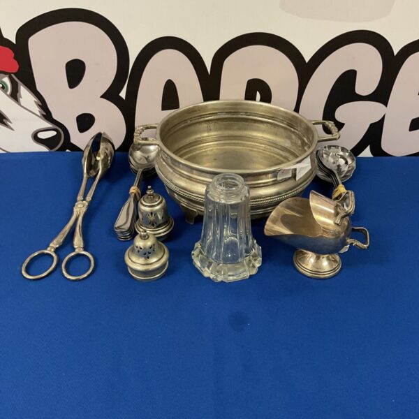 Antique silverplate mixed lot with spoons, dish and bell.