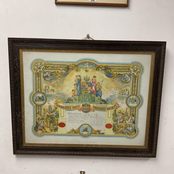 Framed vintage Oddfellows Masonic certificate with ornate Victorian detailing.