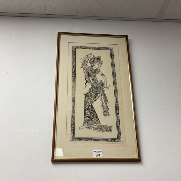 Framed Indian dancing girl painting on silk, vibrant and detailed.