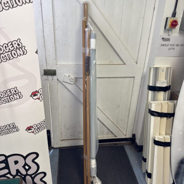 Bundle of curtain rail poles & a grey drop blind