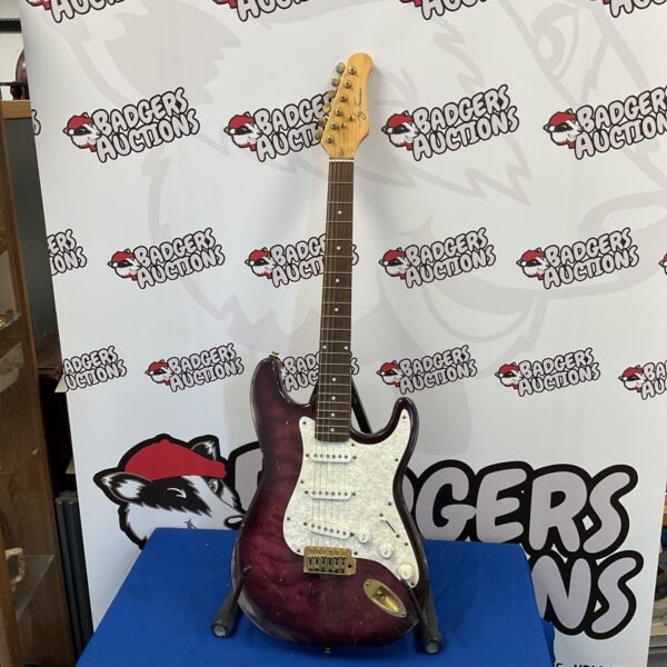 Purple Jay Tunsev electric guitar with tremolo system.