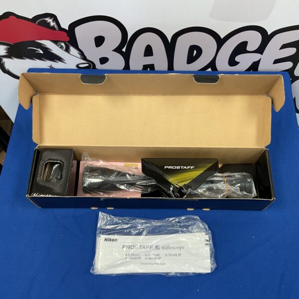 New Nikon Prostaff 3-9x40 rifle scope in original packaging.