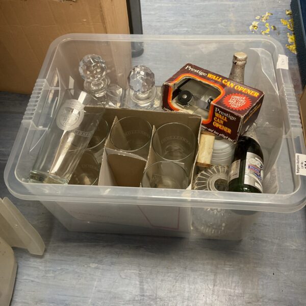 Mixed lot of crystal decanters and glassware including Rebellion beer glasses.