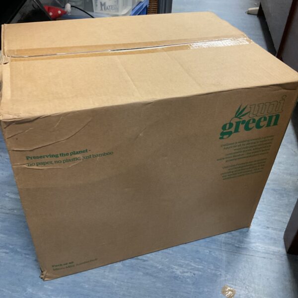 Box of uni green bamboo toilet roll, eco-friendly bathroom tissue.