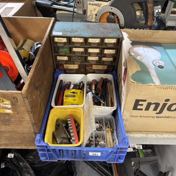 Vintage engineers organiser cabinet with multiple drawers for tool storage.