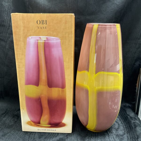 Vibrant pink and yellow Oliver Bonas Obi vase, mid century modern style.