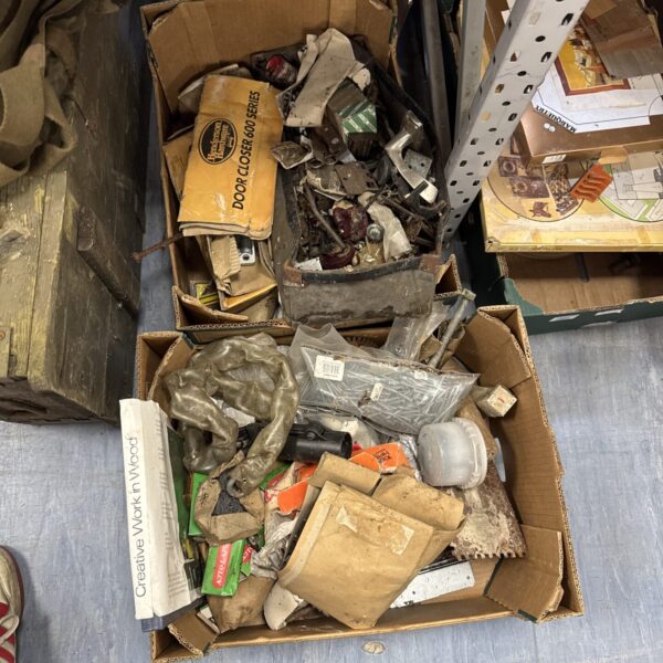 Two boxes of shed clearance items inc nails & others