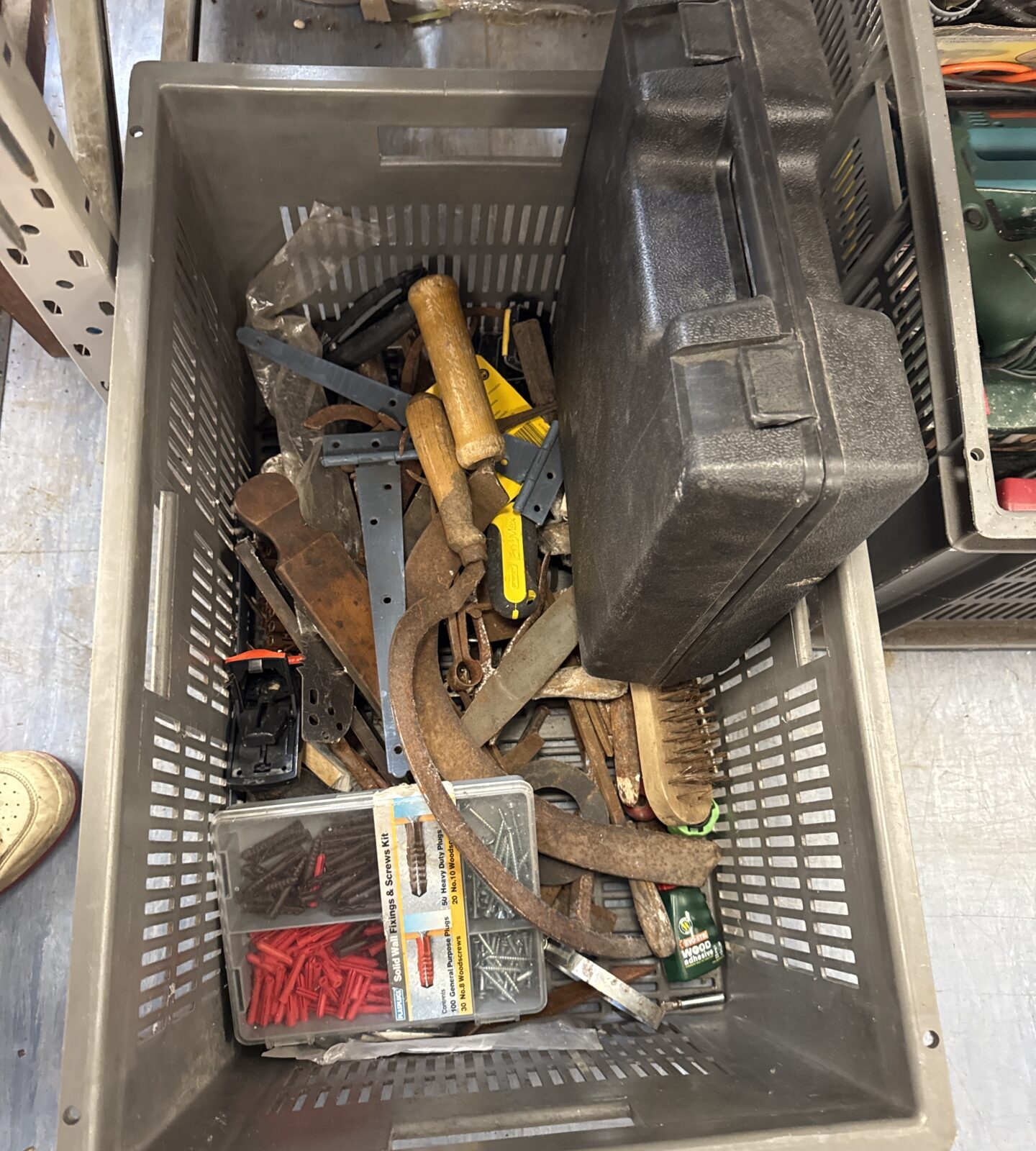 Crate of shed clearance items inc scythes & others